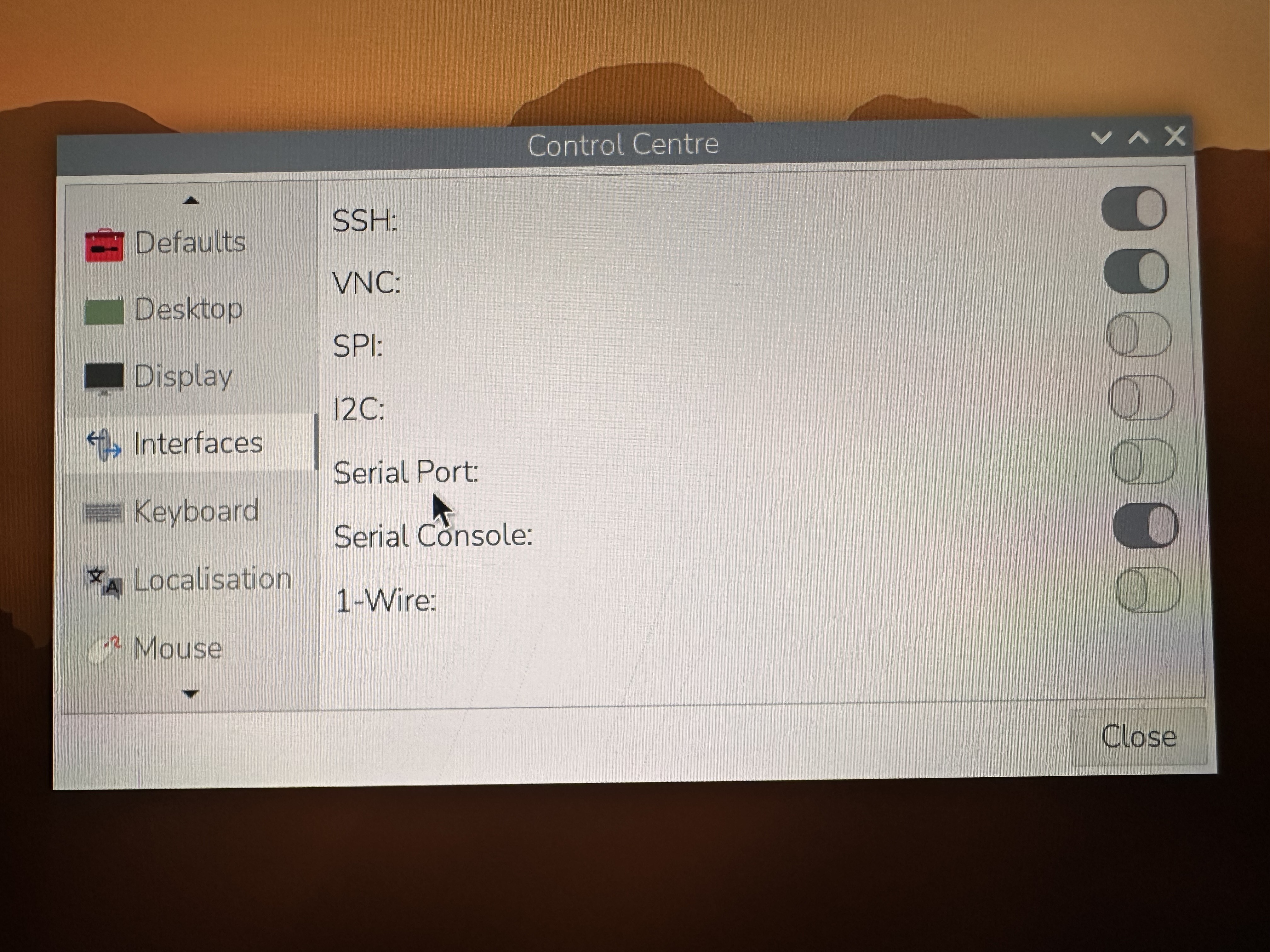 Raspberry Pi Control Centre — Interfaces tab